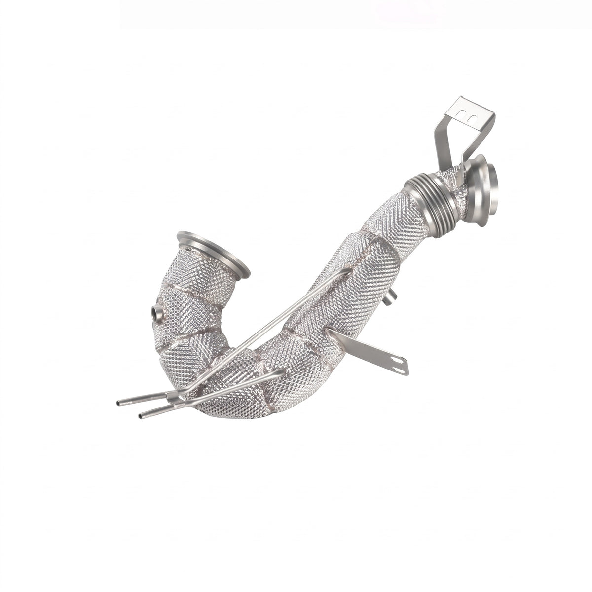 WSTN Performance Mercedes C300 W206 M254 2.0T catless downpipe, angled view from the outlet flange to the flex joint