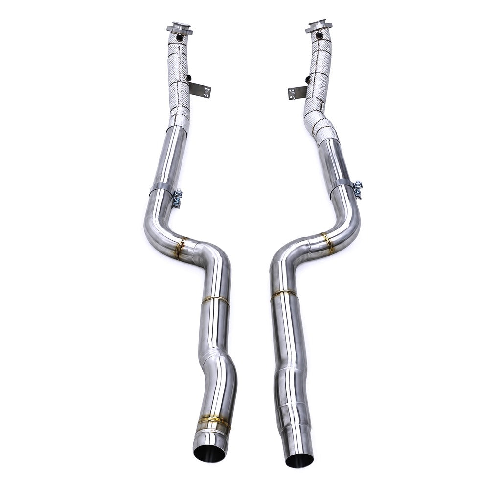 WSTN Performance Mercedes M278 4.7TT catless downpipes W218 CLS550 E550, front profile with heat shield