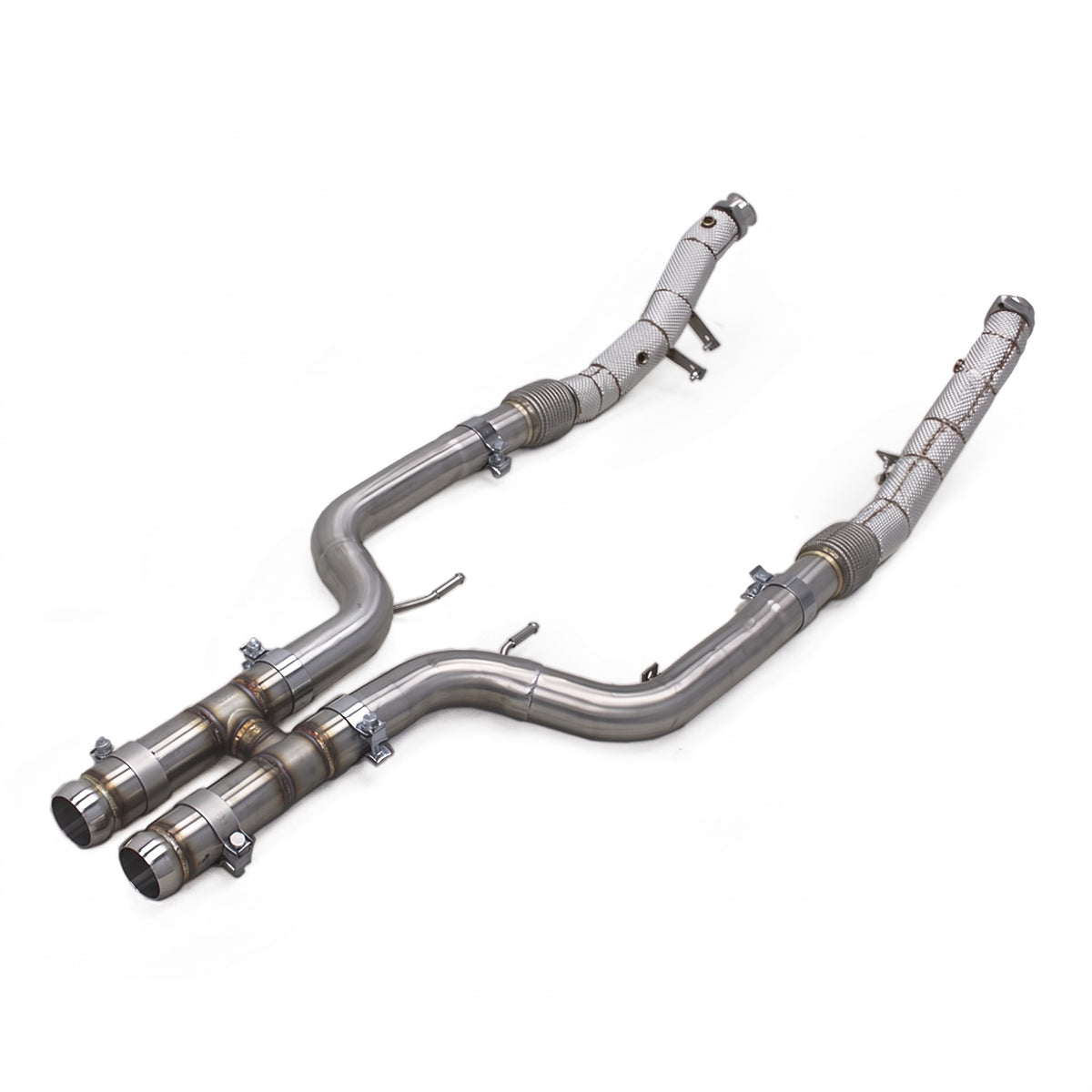 WSTN Performance Mercedes S500/S550 M278 4.7TT Catless Downpipes W222 with H-pipe, full set angled view