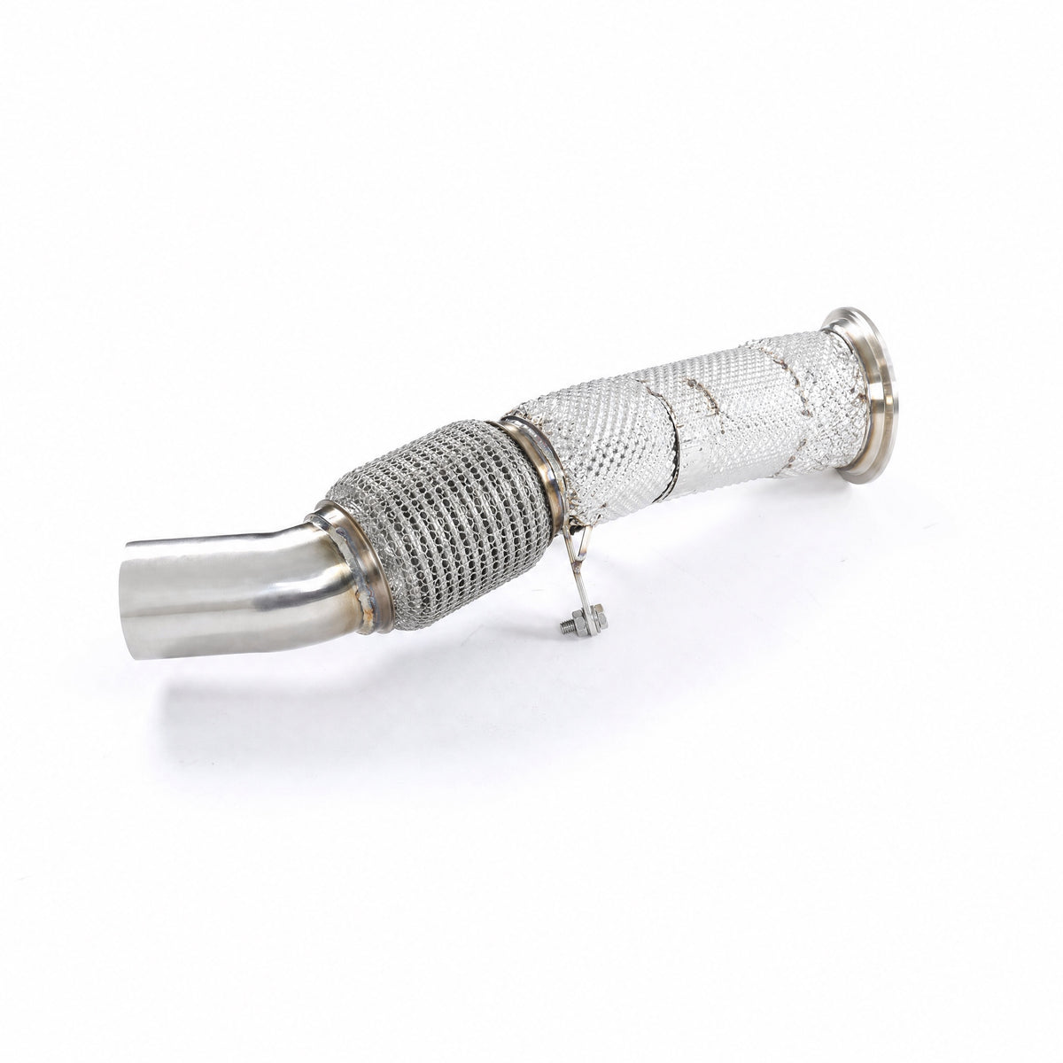 WSTN Performance BMW N20 F30 320i 328i catless downpipe, angled full view, turbo flange top right