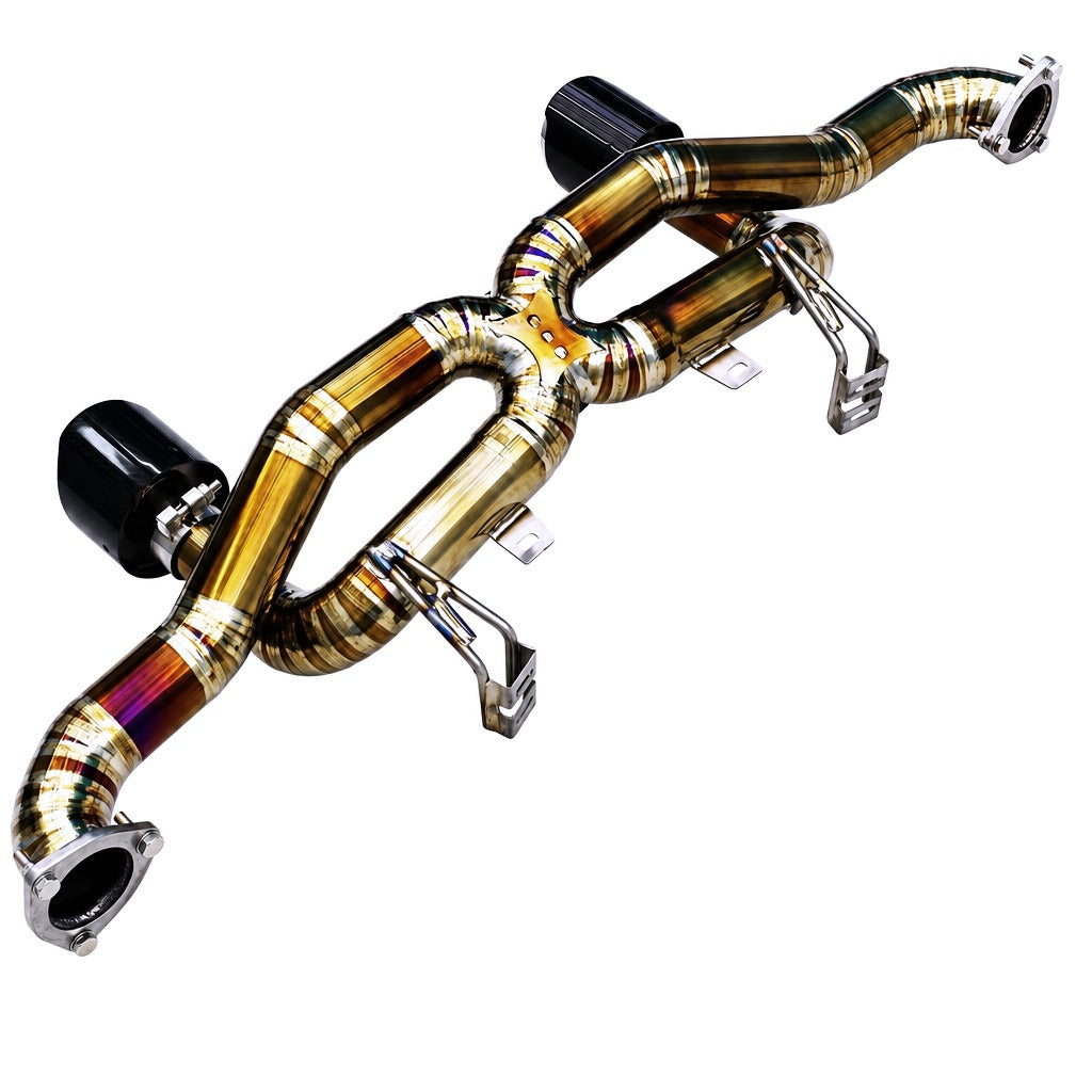 WSTN Performance Porsche 718 GT4 RS 982 9A2 4.0 titanium midpipe — front three-quarter view