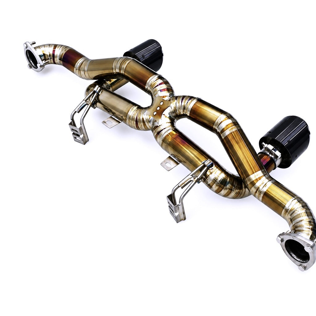 WSTN Performance Porsche 718 GT4 RS 982 titanium midpipe — flange and mounting hardware detail