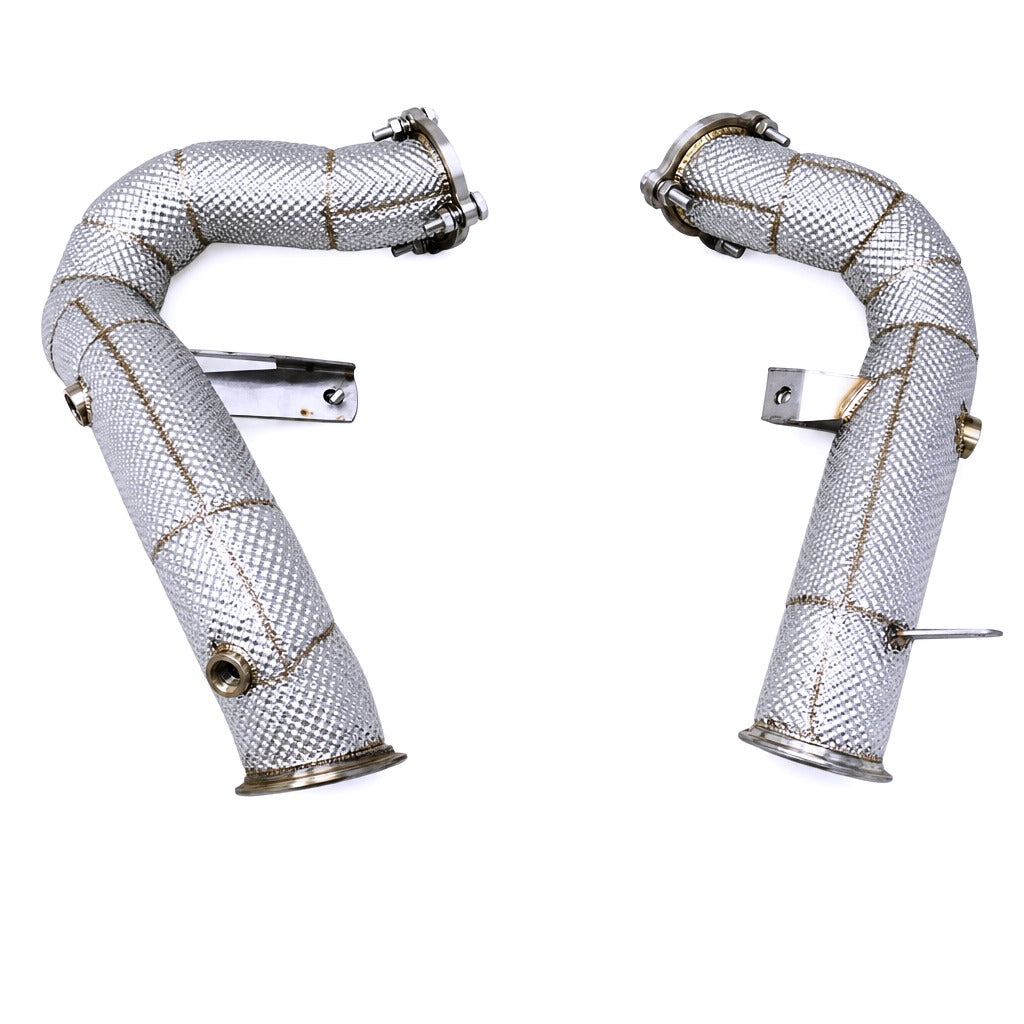 WSTN Performance Porsche Macan S/Turbo 95B.1 Catless Downpipe front three-quarter view of full pipe