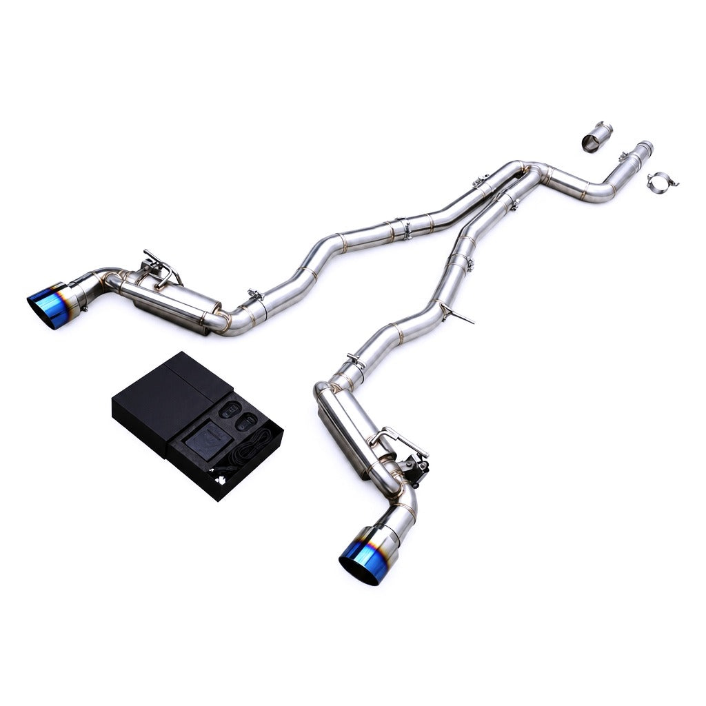 WSTN Performance Toyota Supra B58 A90 Electronic Valve Catback, dual muffler close-up