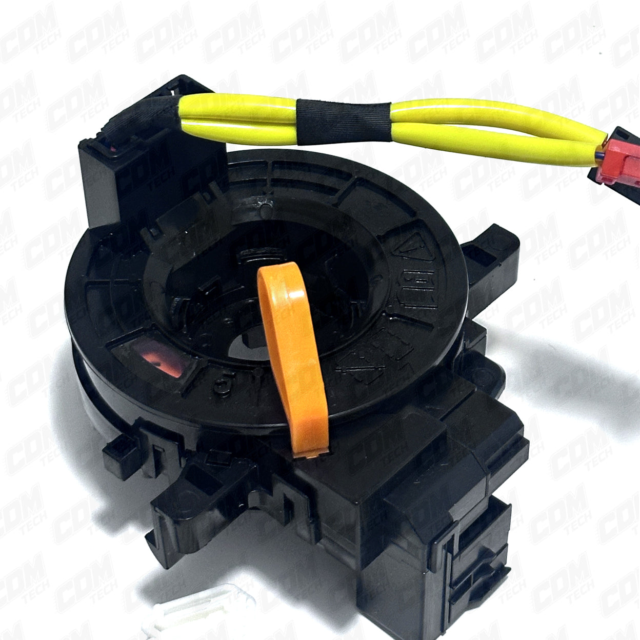 Black electrical connector with yellow wires on a white background