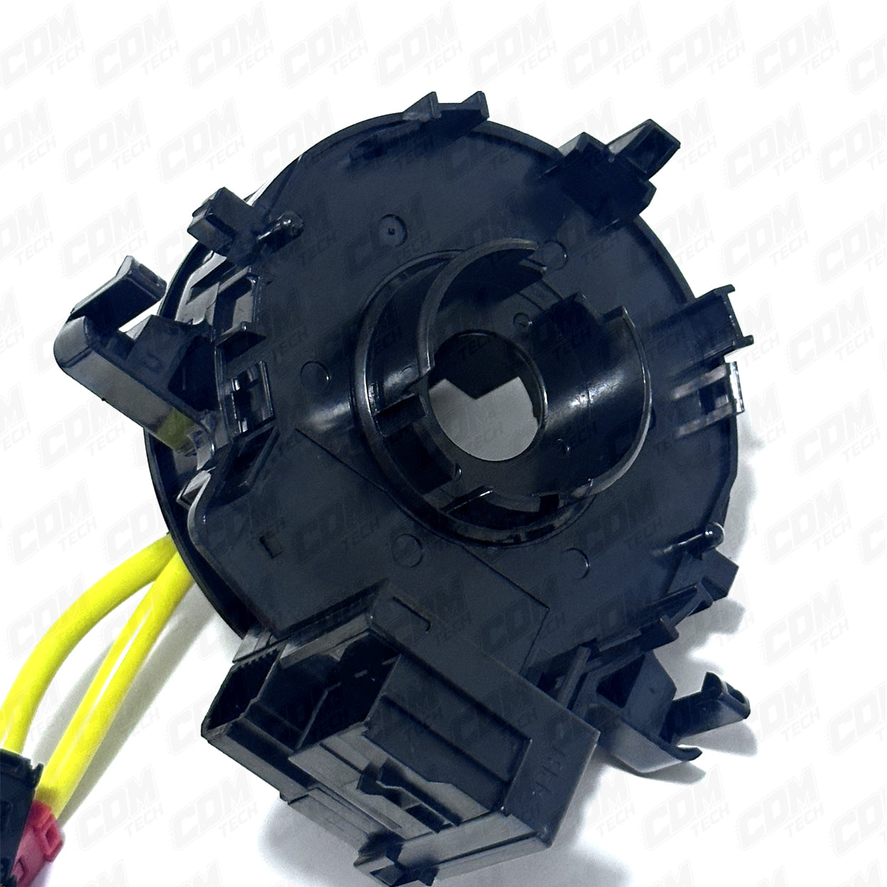 Black mechanical component with yellow and red wires on a white background